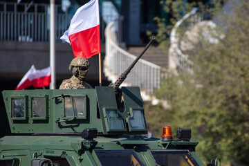 Żołnierz w woskowym wozie bojowym na paradzie z okazji święta Wojska Polskiego - obrazy, fototapety, plakaty