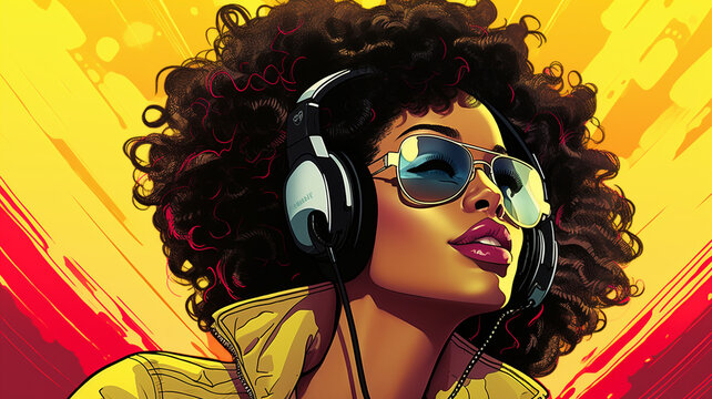 black woman listening to music in comic book style illustration
