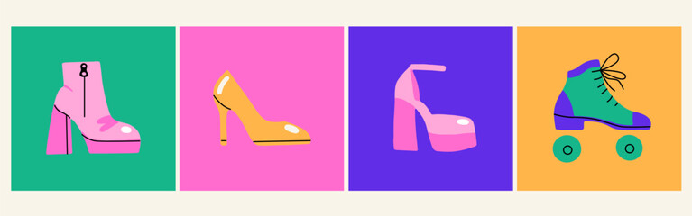 A set of fashionable women's shoes. Retro boots and roller skates. Hippie style of the 70s. Cartoon flat illustration