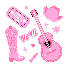 A set of pink women's accessories. Boots, guitar, hat, ticket, lipstick and glasses. Girly style for dolls