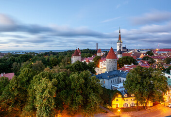 View over the city of Tallinn in Estonia towards the Baltic sea showing the old parts of the town