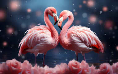Fototapeta na wymiar Two flamingos facing each other, heart shaped background. Valentine Day