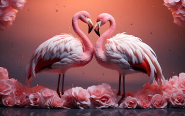 Two flamingos facing each other, heart shaped background. Valentine Day