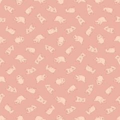 Pink wallpaper with sleeping pigs in different poses. Vector seamless repeat pattern of cute piglets