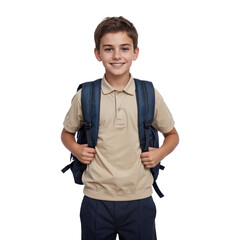 Portrait of smiling schoolboy with backpack looking at camera isolated on transparent background