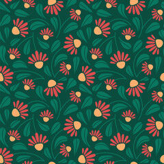 cute gentle red flowers floral seamless repeat pattern paper vector botanical green leaves on dark green background 
