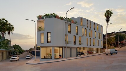 Fototapeta na wymiar 4-story multi-family building, with a minimalist facade in the style of Big buildings, the immediate context is urban rural, with lots of vegetation and a minimalist and boho chic style architecture, 