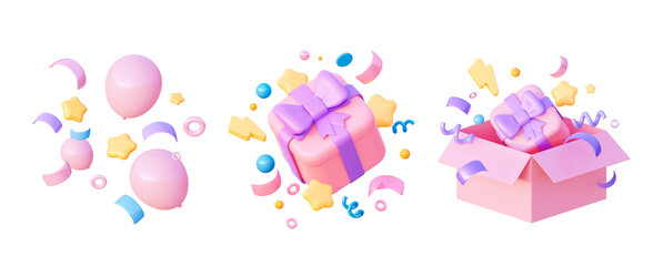 Gifts and confetti with balloons for birthday and Christmas. The concept of delivery for festive events. Elements for printing and web design. 3d rendering in cartoon style © Kari_designer