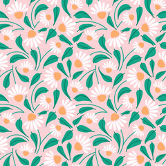 cute gentle soft white daisy daisies flowers floral seamless repeat pattern paper vector botanical on beige background 