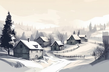 Winter houses in a village, hand drawing. Generative AI