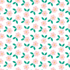 cute gentle soft pink flowers floral seamless repeat pattern paper vector green leaves botanical on white background 