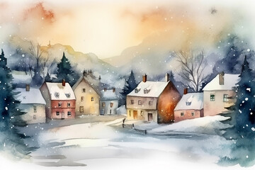 Winter houses in a village, watercolor technique. Generative AI