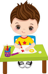 Cute Little Boy Drawing. Vector Little Artist