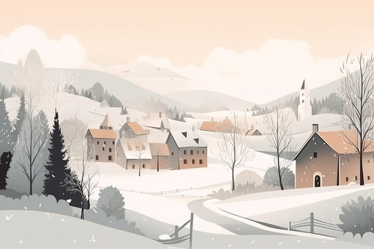 Winter houses in a countryside, hand drawing. Generative AI