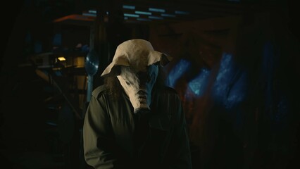 Man horror maniac in the scary animal mask standing in the old warehouse.
