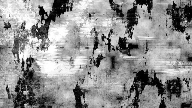 Abstract grunge brush strokes shapes animation, ink scratches and spots. Giving old age with scratches white sketch. Chaotic movement of strokes in black and white seamless looping background.	
