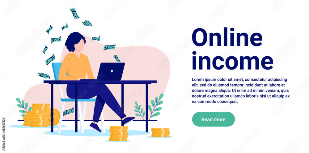 Aufkleber online income banner - vector illustration of woman working on computer making money from internet. 