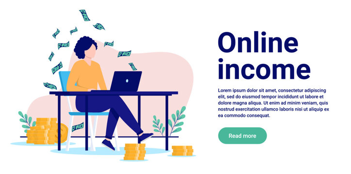 Online income banner - Vector illustration of woman working on computer making money from internet. Flat design with white background