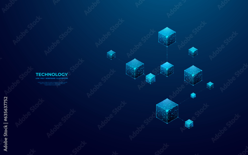 Poster Abstract digital isometric blockchain concept on blue background. Technology 3D linked blocks in futuristic low poly wireframe graphic design style. Modern polygonal vector illustration for web page.