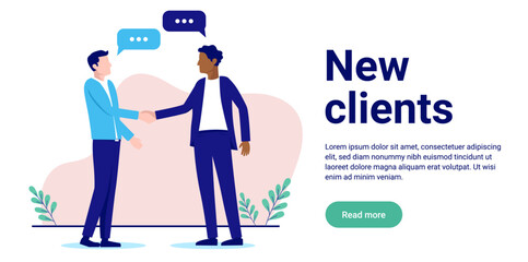 Handshake with new client - Banner with illustration of two businessmen shaking hands and having a dialogue. Flat design with white background and copy space for text