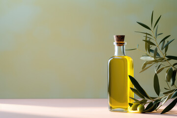 Commercial photography, glass bottle of olive oil with olive branch isolated on flat color wall background with copy space.