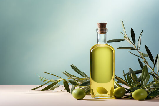 Commercial photography, glass bottle of olive oil with olive branch isolated on flat color wall background with copy space.