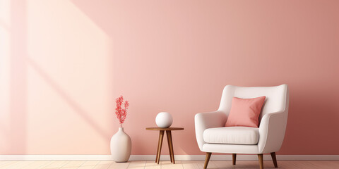 Living room interior mockup in warm tones with armchair on empty light pink wall background. Pretty cute minimal style interior.