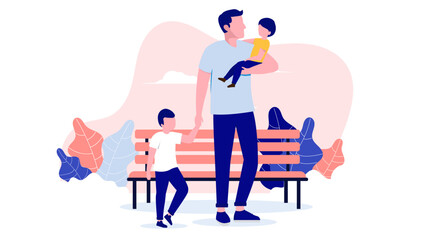 Father outdoors with children - Parent with two sons standing in park holding kids in arms. Flat design vector illustration with white background