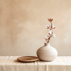 Beige ceramic vases with dry cotton branches. Stylish and minimalistic background for display your...