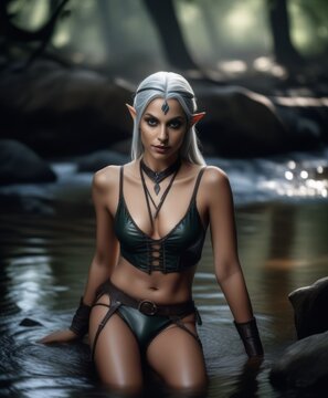 A seductive-looking female drow elf, beautiful face, wearing leather undergarments sitting in the river by the woods