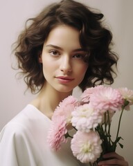Naklejka premium bride in a white dress with pink flowers looks directly into the camera, gentle photo session