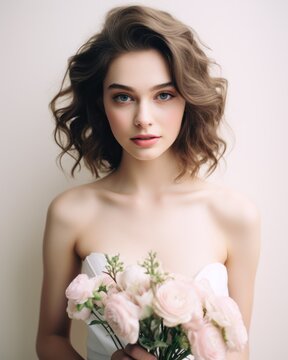the bride in a white dress with pink flowers looks directly into the camera, a gentle photo session