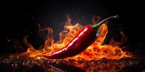 Fotobehang Hete pepers Red hot chilli pepper in fire on dark black background. Creative wallpaper with burning red pepper. 