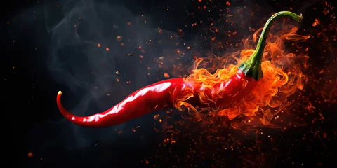 Papier Peint photo Lavable Piments forts Red hot chilli pepper in fire on dark black background. Creative wallpaper with burning red pepper. 