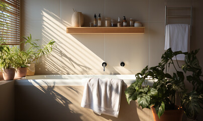 Minimalism in the interior design of a bright bathroom.