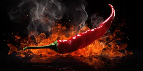Poster Im Rahmen Red hot chilli pepper in fire on dark black background. Creative wallpaper with burning red pepper.  © dinastya