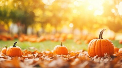 Defocused colorful bright autumn ultra wide panoramic background with blurry pumpkins and falling autumn leaves in the park. Generative AI