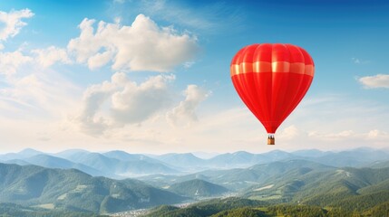 Red hot air balloon floating in blue sky. Mountain Landscape.