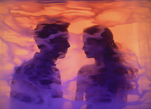  AI-generated illustration of a couple of genderless digital avatars sharing intimacy in the virtual space. A symbol of the beauty that emerges when souls unite beyond gender or race.