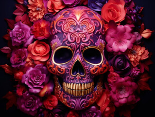 Skull with purple flowers. Dia de los muertos. Day of the dead. Tradition. Mexico. Sugar skull. Generative AI