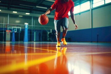 Basketball player dribbling the ball in the gym. Generated by AI