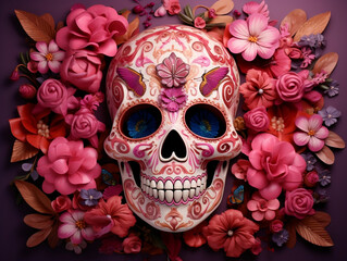 Skull with flowers. Dia de los muertos. Day of the dead. Tradition. Mexico. Sugar skull. Generative AI