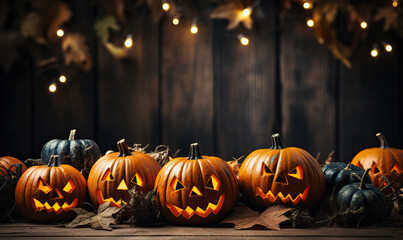 Fototapeta premium Halloween, pumpkins on a dark wooden background.
