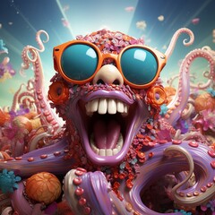 Funny octopus wearing sunglasses in studio with a colorful and bright background 3d cartoon