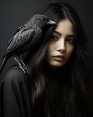 A woman holding a crow.Generative AI photos.