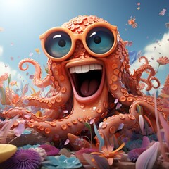 Funny octopus wearing sunglasses in studio with a colorful and bright background 3d cartoon
