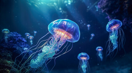 Bioluminescence. Blue Teal Glowing Jellyfish Floating