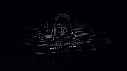 Cyber security.Access denied. Lock 3D.Fingerprint scanner.Old Lock new technology. Technological UI HUD stealing data, access and programming code hacking and protection. Sci Fi Black and white - Powered by Adobe