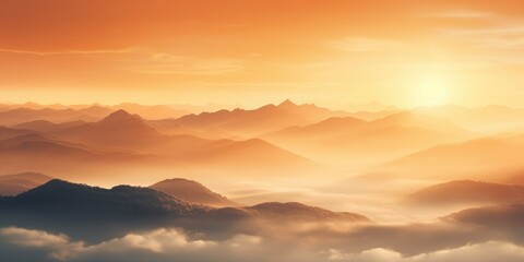 Natural fog and mountains sunlight background blurring, misty waves warm colors and bright sun light. Generative AI