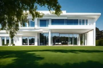 Fototapeta na wymiar Beautiful contemporary white house with lush grass and blue sky twilight and daylight